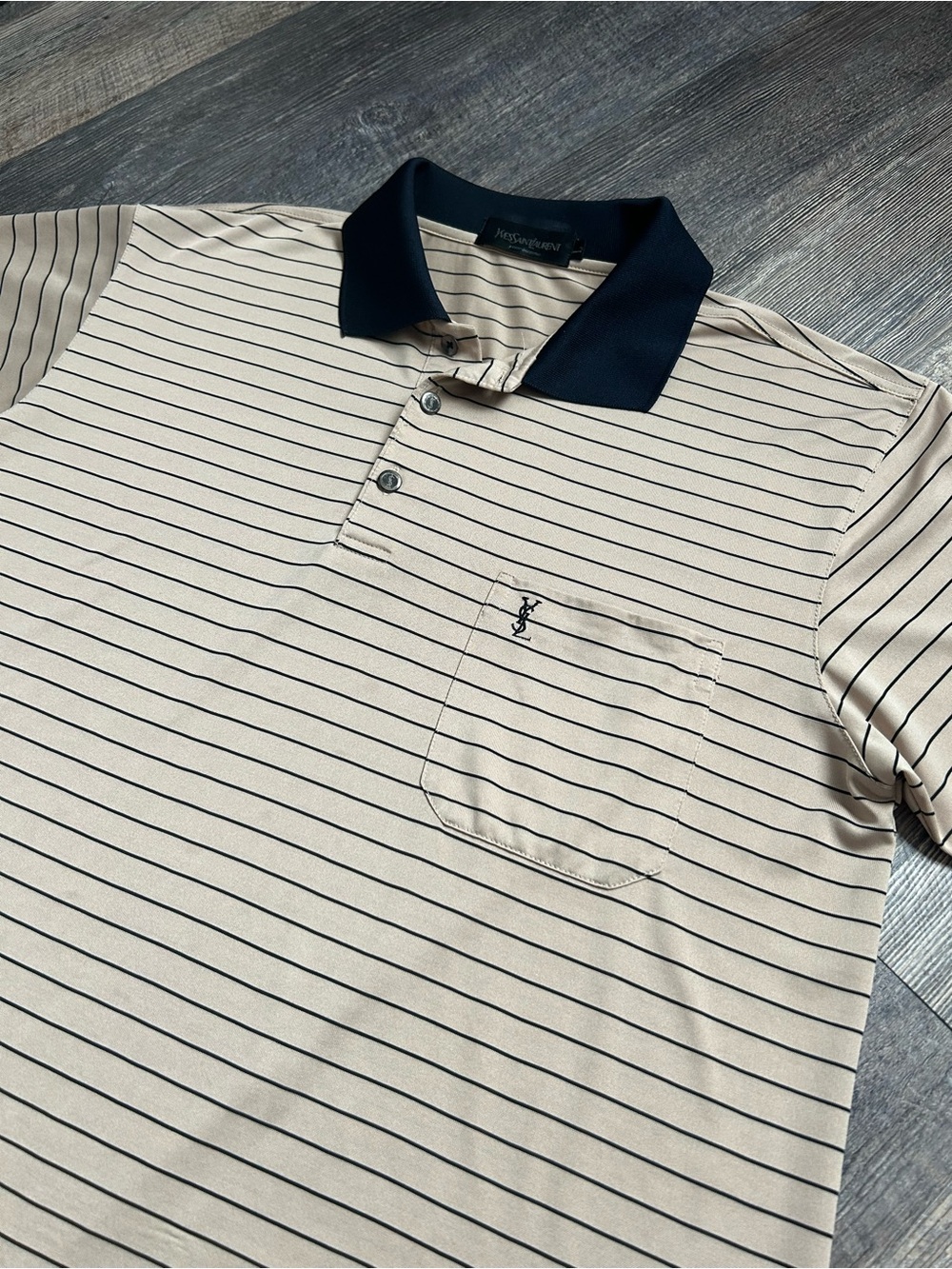 VNTG Yves Saint Laurent Pour Homme Men's L Beige/Black Striped Polo Shirt 💯Silk